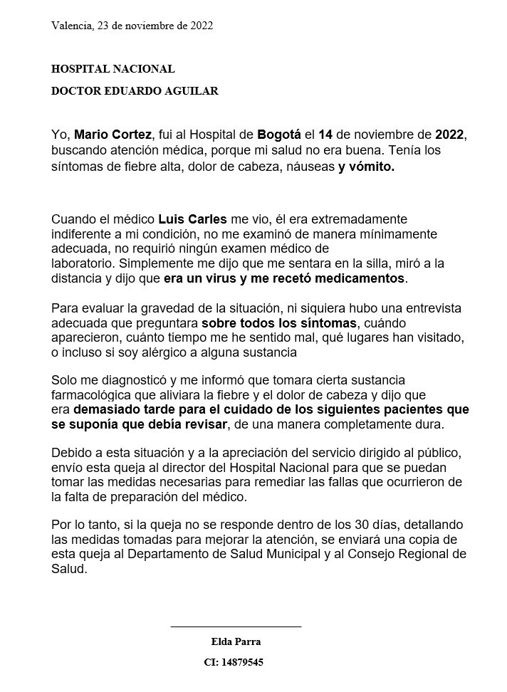 carta de reclamo a un hospital por mal servicios