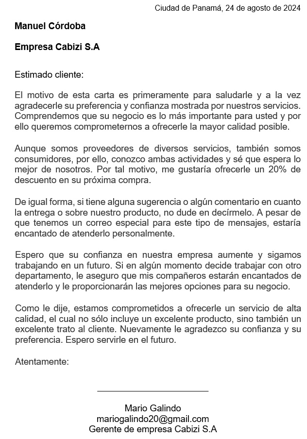 carta de gratitud a un cliente