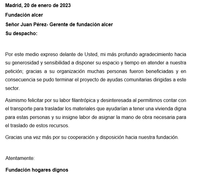 carta de agradecimiento por donación