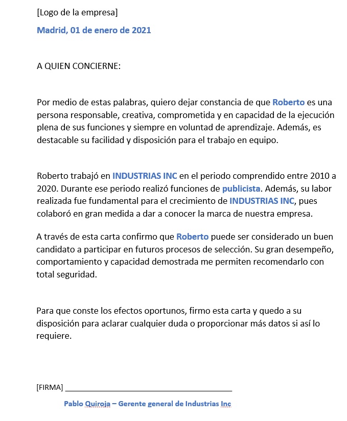 carta de recomendacion personal pdf descargar