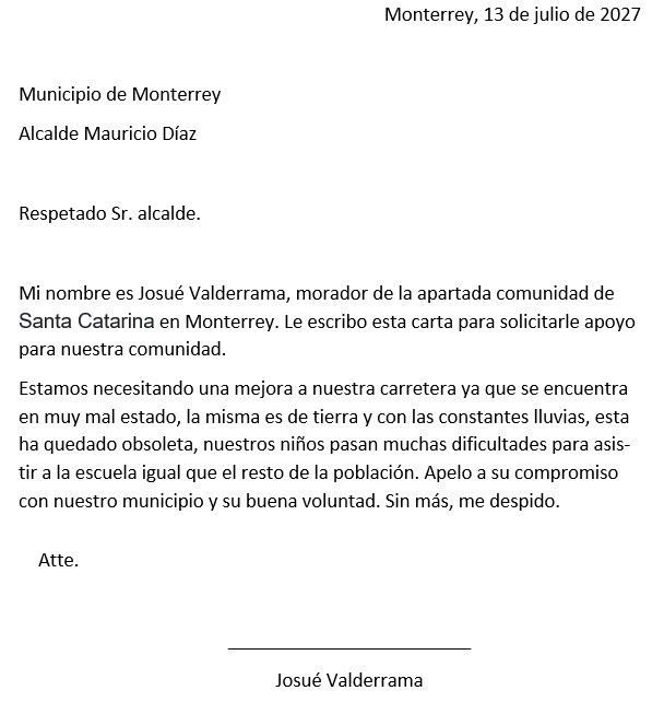 carta de solicitud a un alcalde